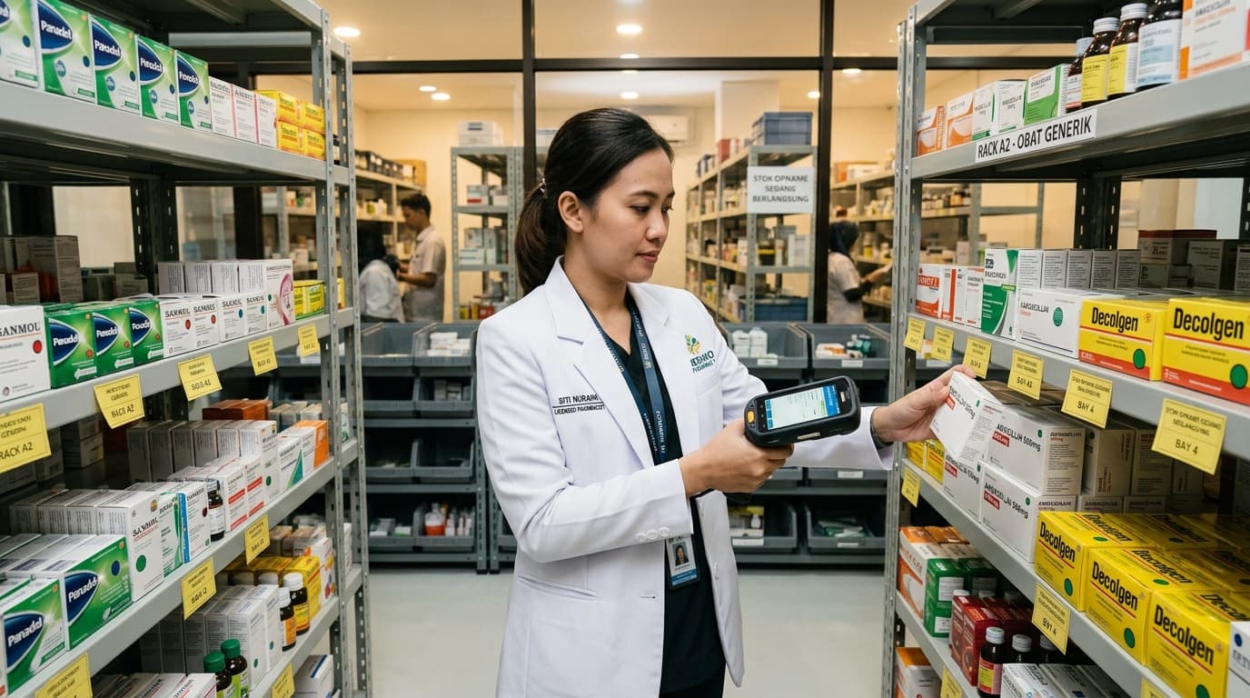 Apoteker Melakukan Stock Opname Cepat dan Scan Barcode Obat di Gudang Farmasi Medixo